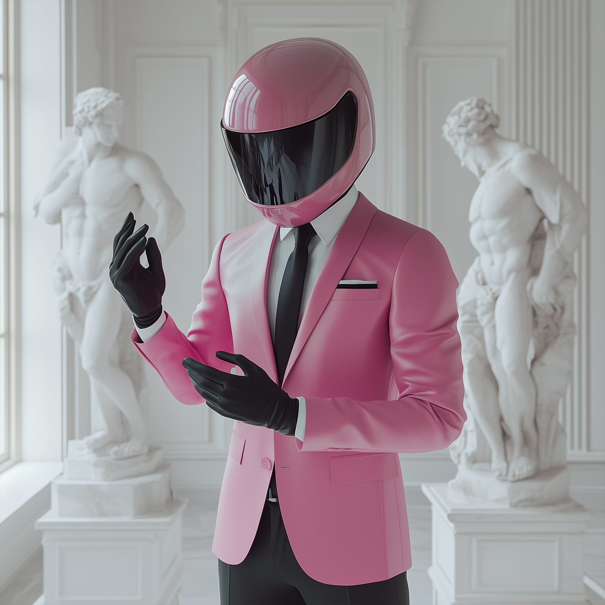 Mr. Licci posing in a classical art gallery surrounded by marble sculptures, wearing a pink suit